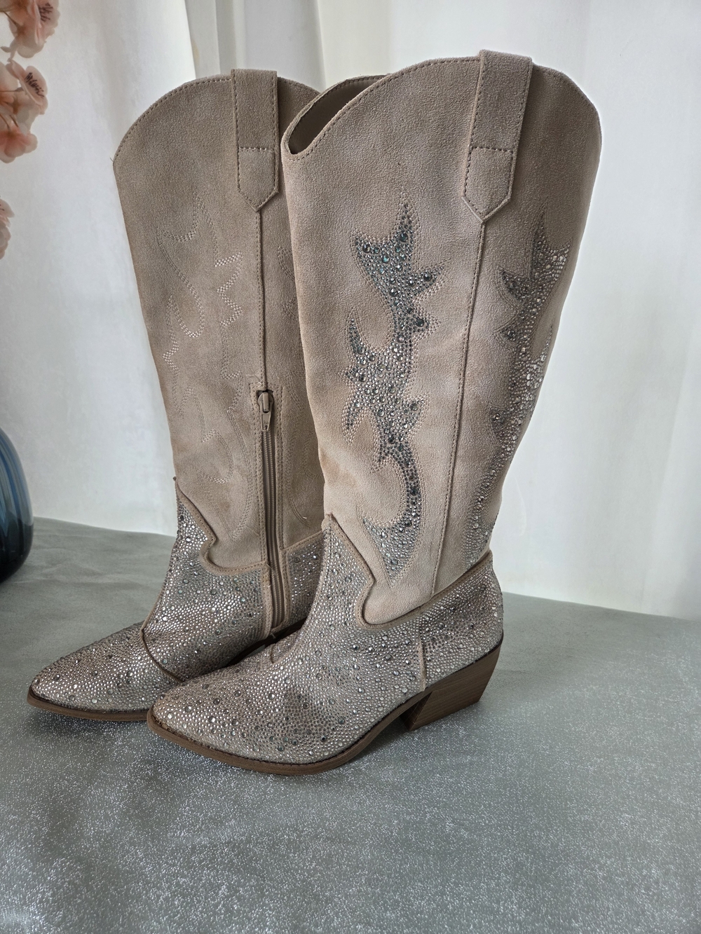Crystal Embellished Taupe Tan Suede Knee-High Western Cow Girl Boots Madden NYC